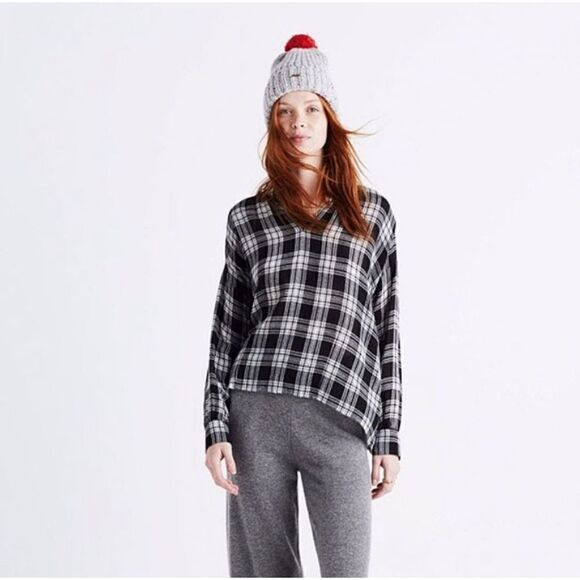 Madewell Small Highroad Popover Oversized Clarksburg Plaid Top Black White - Picture 8 of 9